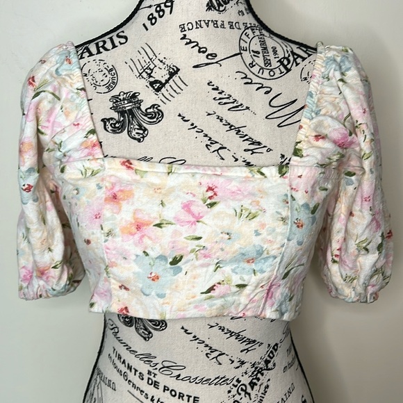 Abercrombie & Fitch Tops - Abercrombie & Fitch Floral Tie-back/front‎ Linen-Blend Puff Sleeve Top S